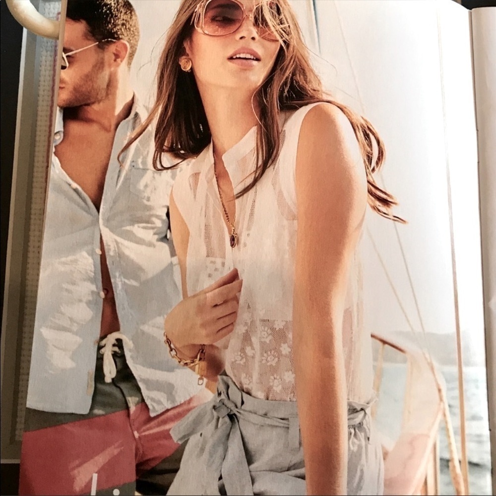 CAbi Prudence Sheer White Floral Lace Feminine Sleeveless Blouse